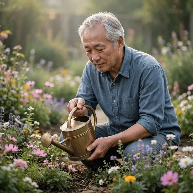 Garden Wakes: Distinguished older Asian man in a pressed chambray shirt kneeling among flowering beds wi