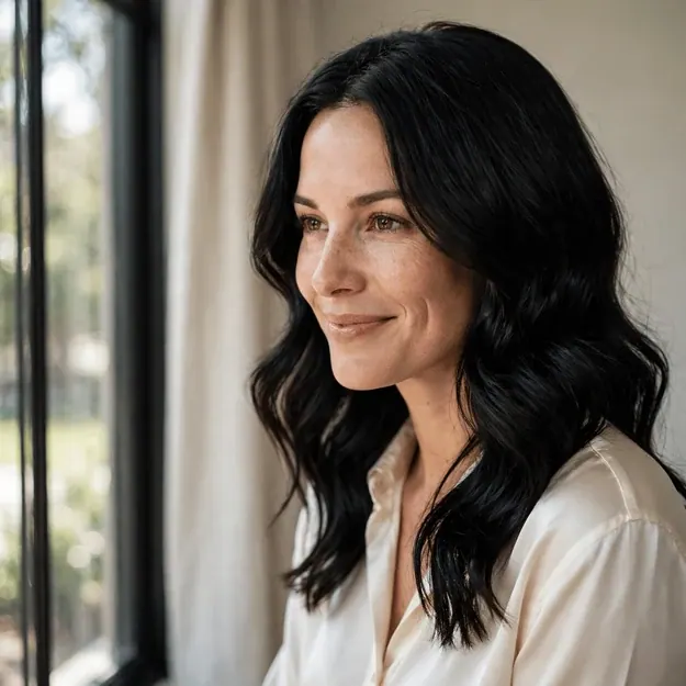 Woman with glossy black waves beside a tall window