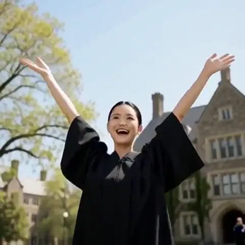 Caps Fly: Striking adult graduate in gown holding her cap on a campus lawn