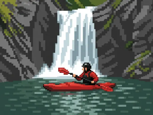 Kayaker paddling beneath a waterfall in the Pixel Quest style