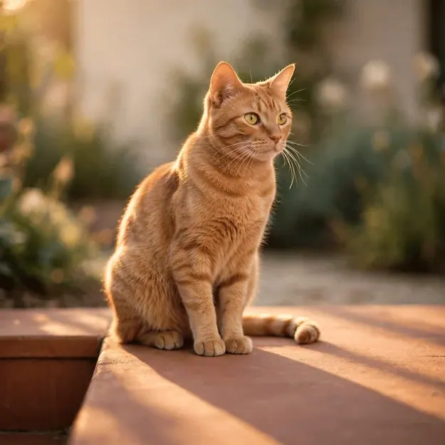 Golden Hour: Sleek ginger cat poised on a clean terracotta step