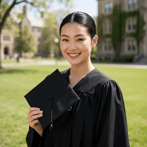 Caps Fly: Striking adult graduate in gown holding her cap on a campus lawn