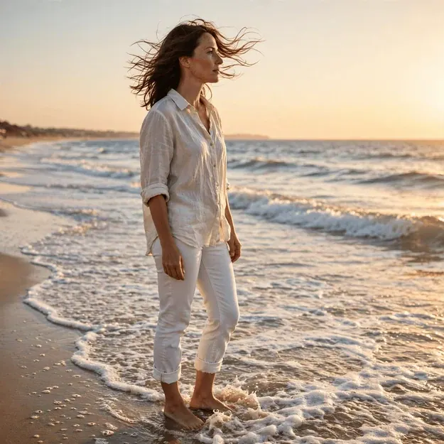 Shore Break: Statuesque woman in her thirties barefoot at the surf line