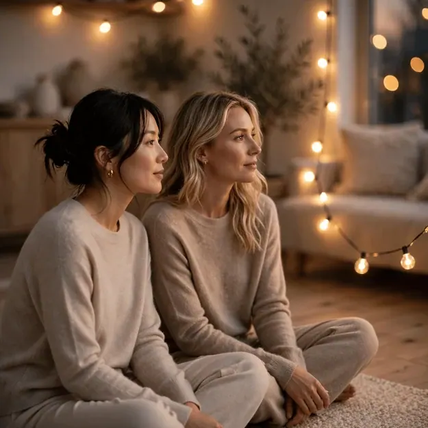 String Lights: Two adult women in tonal cashmere seated on a living-room floor