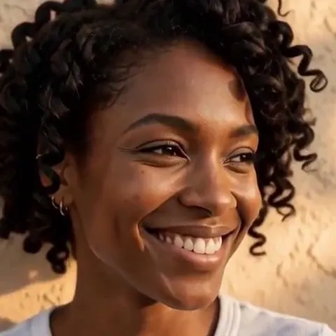Slow Smile: Black woman in her thirties with sculpted curls and flawless skin against a sunlit stucco 