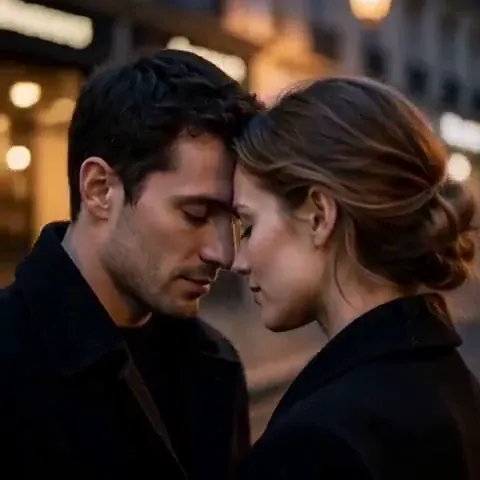 Forehead Rest: Model-grade couple on a dusk street resting foreheads together