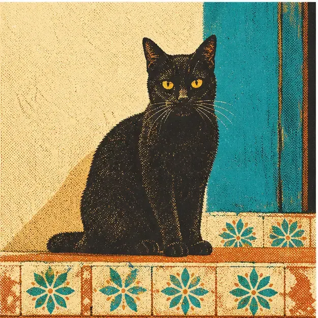 Black cat on a tiled step in the Palm Print style
