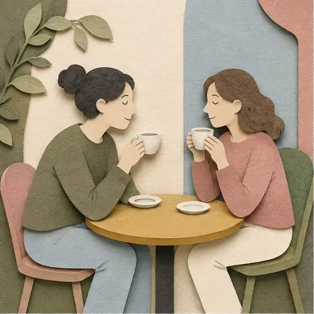 Two friends at a table in the Paper Garden style