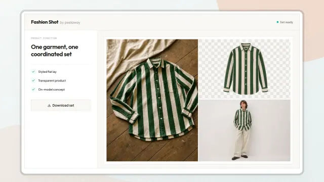 Fashion Shot showing a coordinated flat lay, transparent product view, and on-model concept