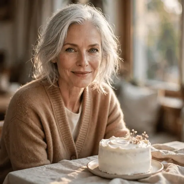 Birthday Candles: Striking silver-haired woman in a camel cashmere cardigan at a linen-draped table before a