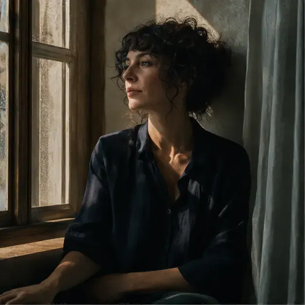 Woman beside a window in the Quiet Cinema style