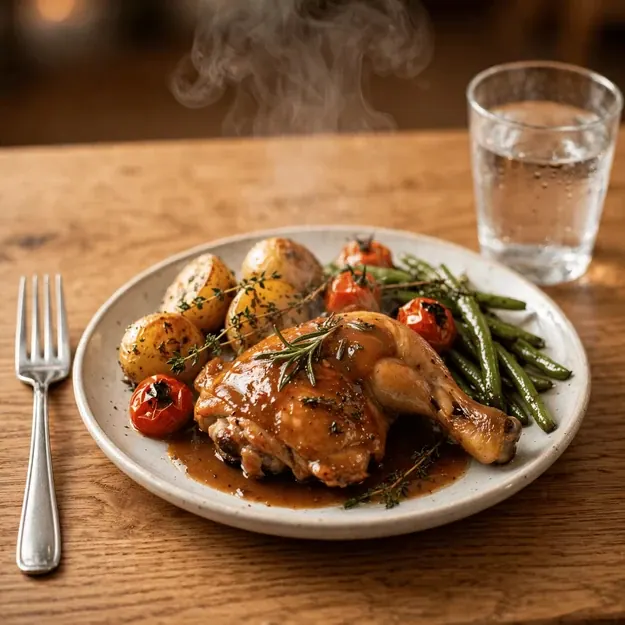 First Steam: Glossy home-cooked dinner styled on a ceramic plate