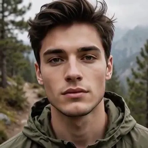 Painted Awake: Handsome man in his twenties in a tonal olive anorak on a pine mountain path