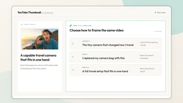 Three distinct title directions organized around the same travel-video thumbnail and promise