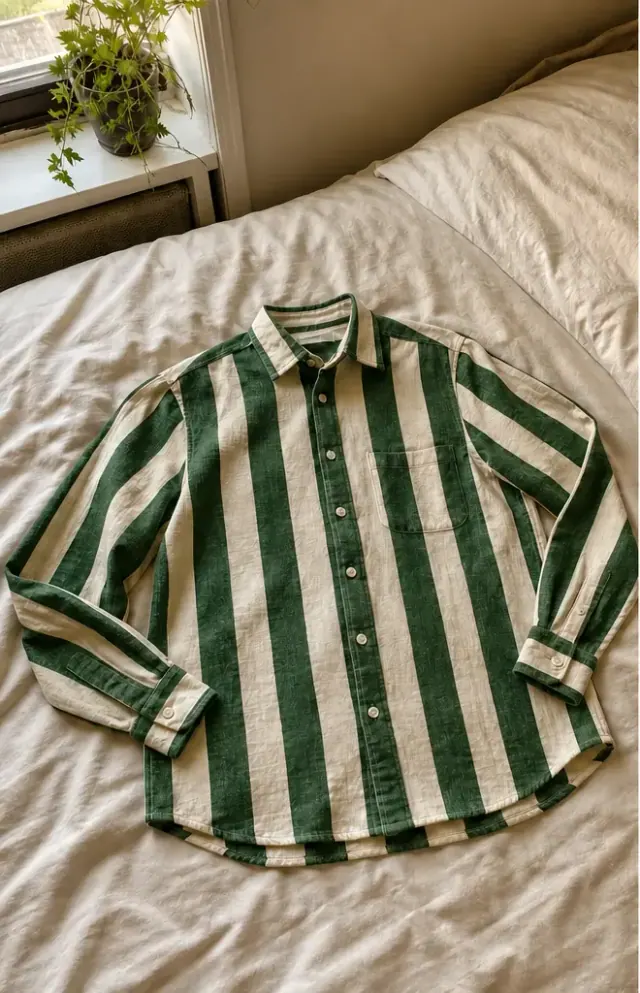 Concept source photo showing the front of a striped overshirt on a bed