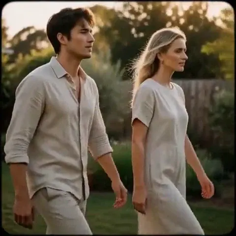 Home Movie: Two model-grade adults mid-stride across a summer backyard lawn