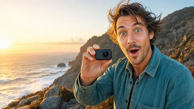 Concept YouTube thumbnail with a surprised traveler holding a tiny camera above a rocky coast