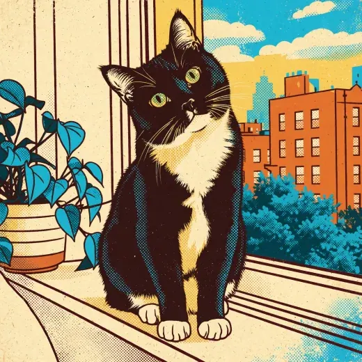 The same tuxedo cat as a colorful screen-print illustration in Palm Print