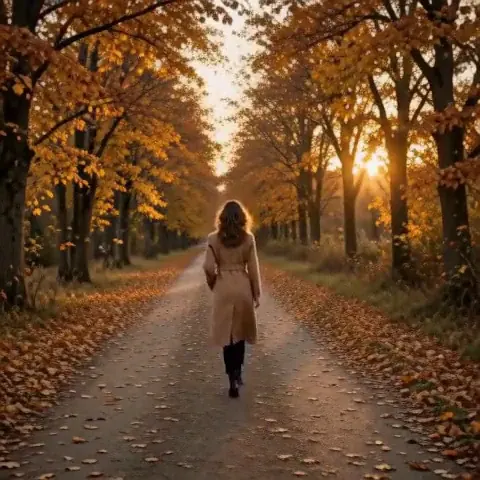 Walk Away: Model-grade woman in a long belted camel coat on an autumn tree-lined lane