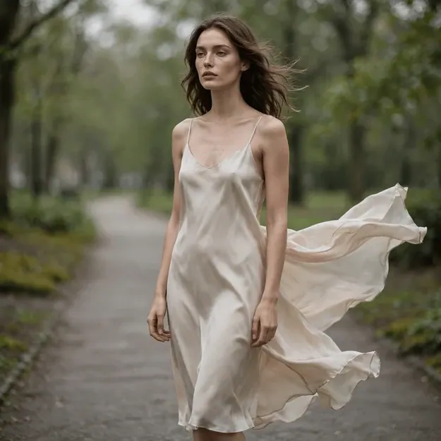Gently Lifting: Model-grade woman in a flowing slip dress on an empty park path