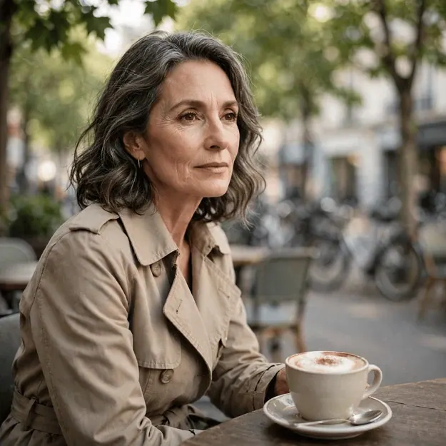 Watercolor Bloom: Elegant woman in her fifties with a cappuccino at an outdoor cafe table