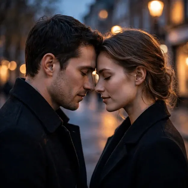 Forehead Rest: Model-grade couple on a dusk street resting foreheads together