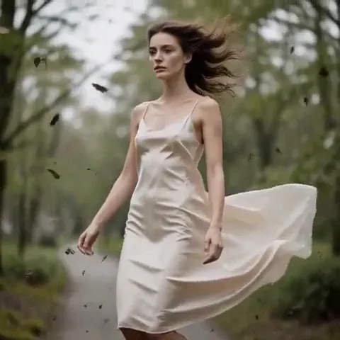 Gently Lifting: Model-grade woman in a flowing slip dress on an empty park path