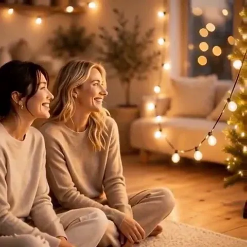 String Lights: Two adult women in tonal cashmere seated on a living-room floor