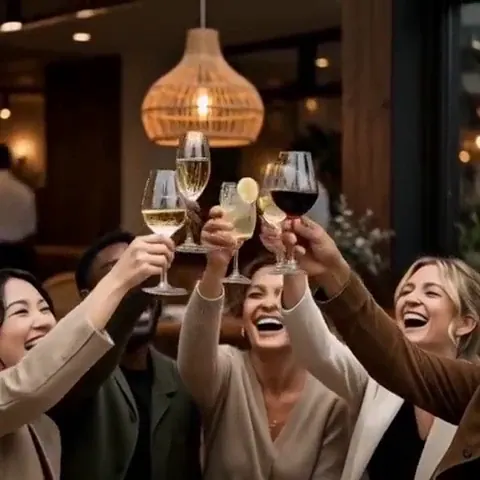Glasses Up: Five model-grade friends of mixed ages and ethnicities raising glasses over a styled resta