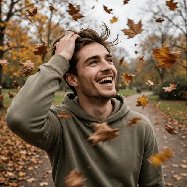 Sudden Gust: Handsome man in his twenties in a tonal hoodie on a blustery autumn park path