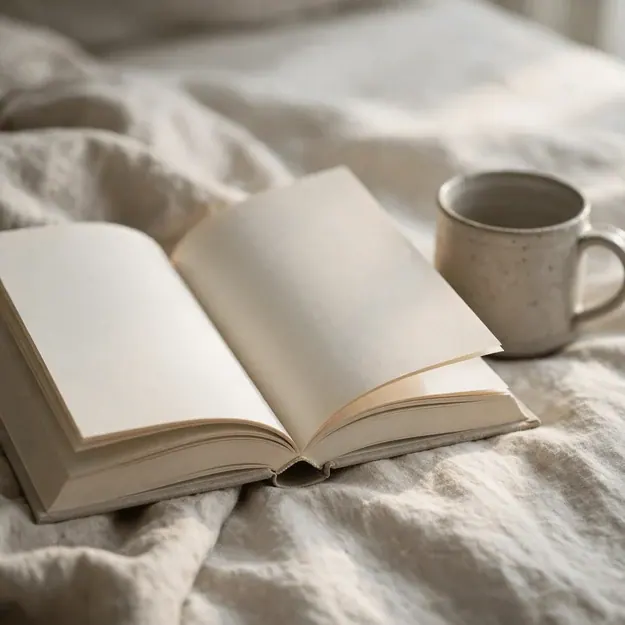 Pages Turn: Open hardback on crisp linen bedding beside a stoneware mug