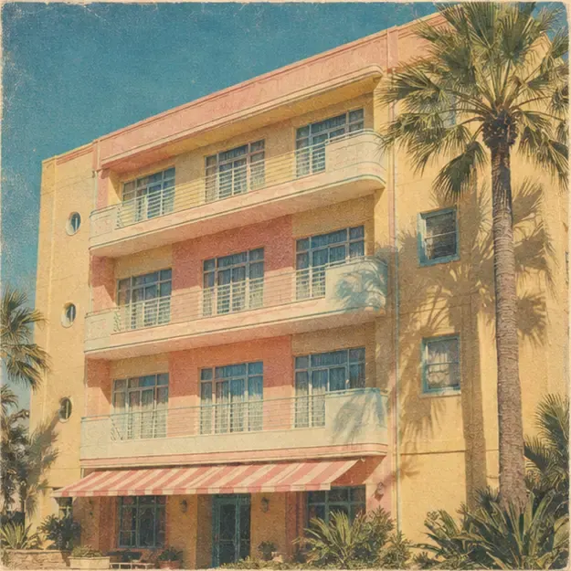 Pastel coastal hotel in the Postcard Summer style