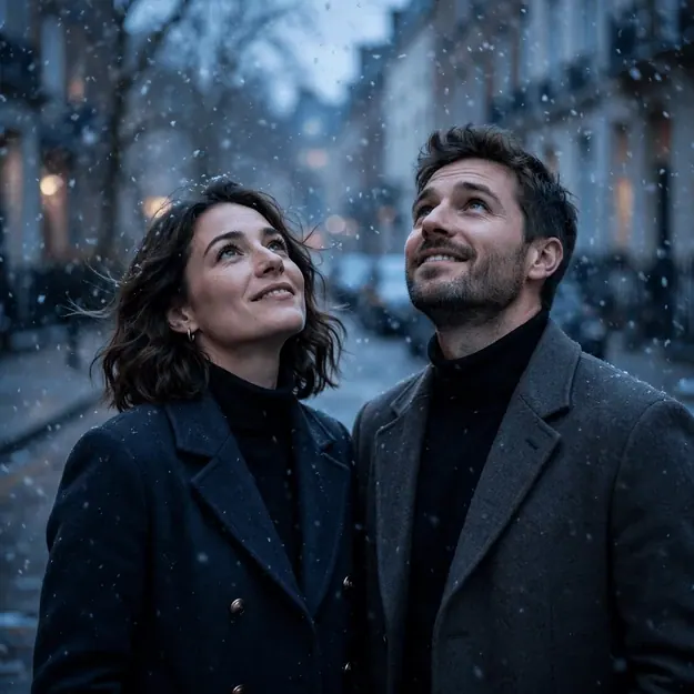 First Snow: Two adult friends in tailored wool coats on a quiet dusk street