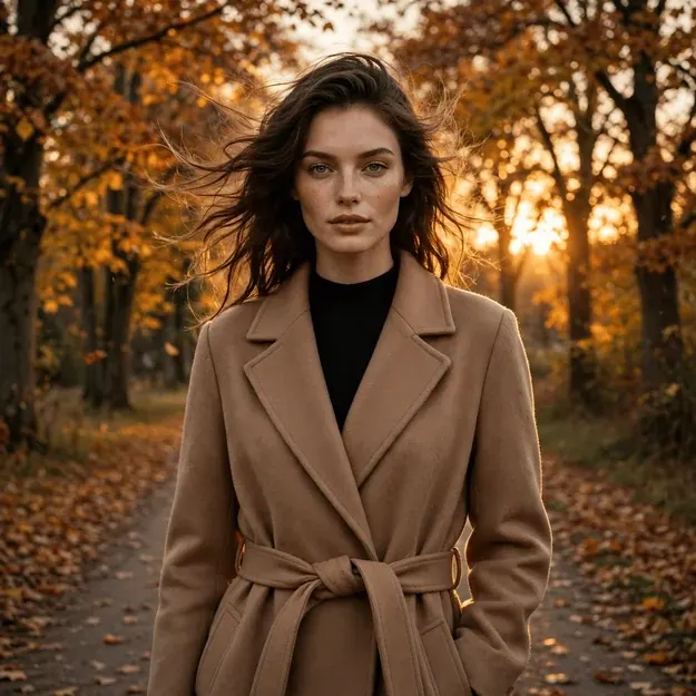 Walk Away: Model-grade woman in a long belted camel coat on an autumn tree-lined lane