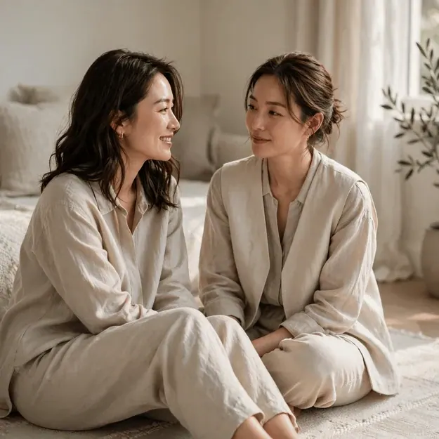 Quiet Glance: Two model-grade adult sisters on a pale rug