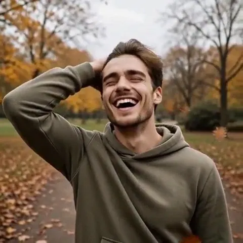 Sudden Gust: Handsome man in his twenties in a tonal hoodie on a blustery autumn park path
