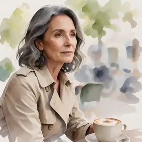 Watercolor Bloom: Elegant woman in her fifties with a cappuccino at an outdoor cafe table