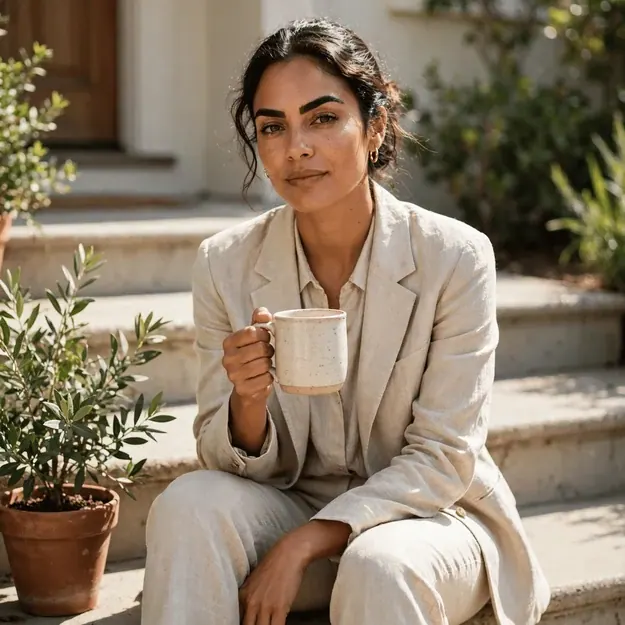 Day To Night: Latina woman in her thirties on sunlit front steps holding a ceramic mug