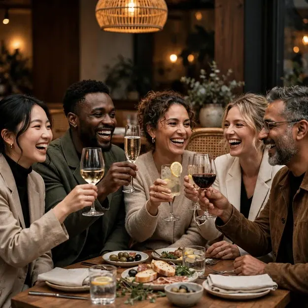 Glasses Up: Five model-grade friends of mixed ages and ethnicities raising glasses over a styled resta