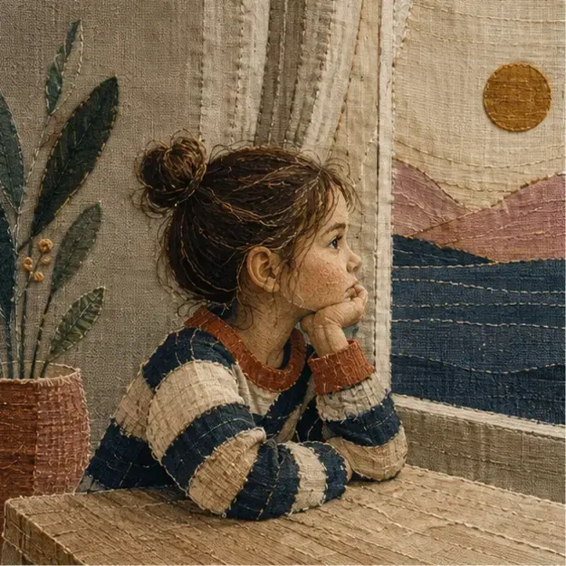 Child in a striped sweater in the Threaded Story style