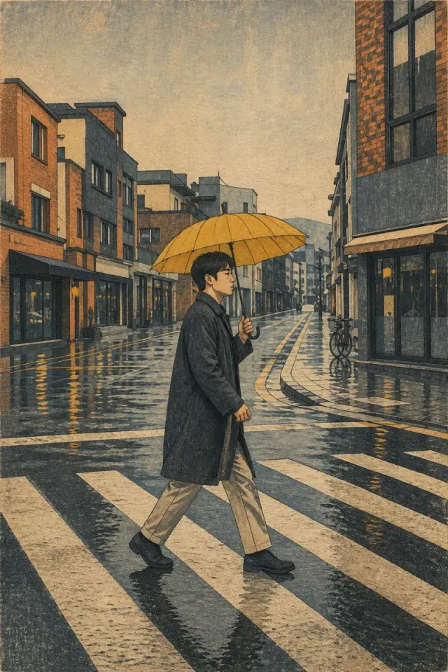 Pedestrian with a yellow umbrella crossing a rainy street in the Woodblock Current style