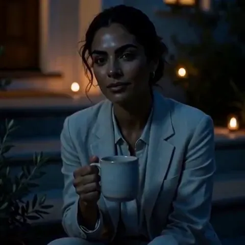 Day To Night: Latina woman in her thirties on sunlit front steps holding a ceramic mug