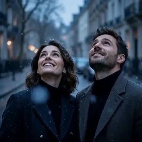 First Snow: Two adult friends in tailored wool coats on a quiet dusk street