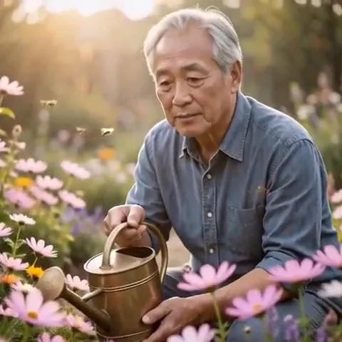 Garden Wakes: Distinguished older Asian man in a pressed chambray shirt kneeling among flowering beds wi