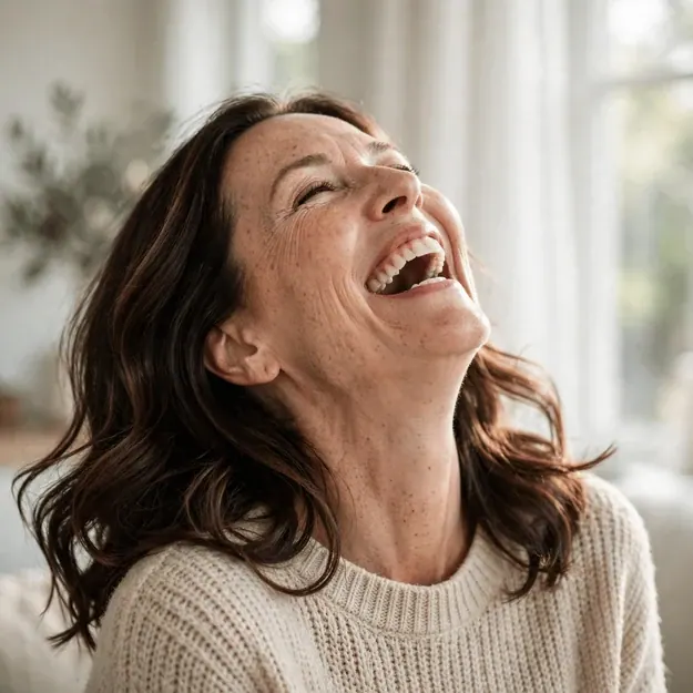 Giggle Fit: Radiant woman in her forties mid-laugh