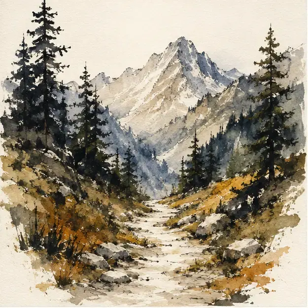Mountain path through pines in the Ink Bloom style