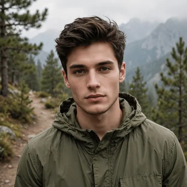 Painted Awake: Handsome man in his twenties in a tonal olive anorak on a pine mountain path