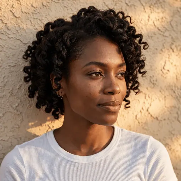 Slow Smile: Black woman in her thirties with sculpted curls and flawless skin against a sunlit stucco 