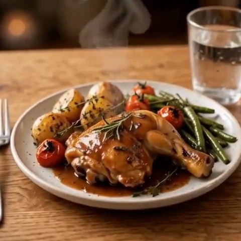 Glossy home-cooked dinner styled on a ceramic plate
