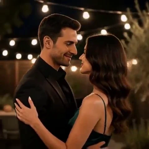 Model-grade couple swaying together in a string-lit backyard at night